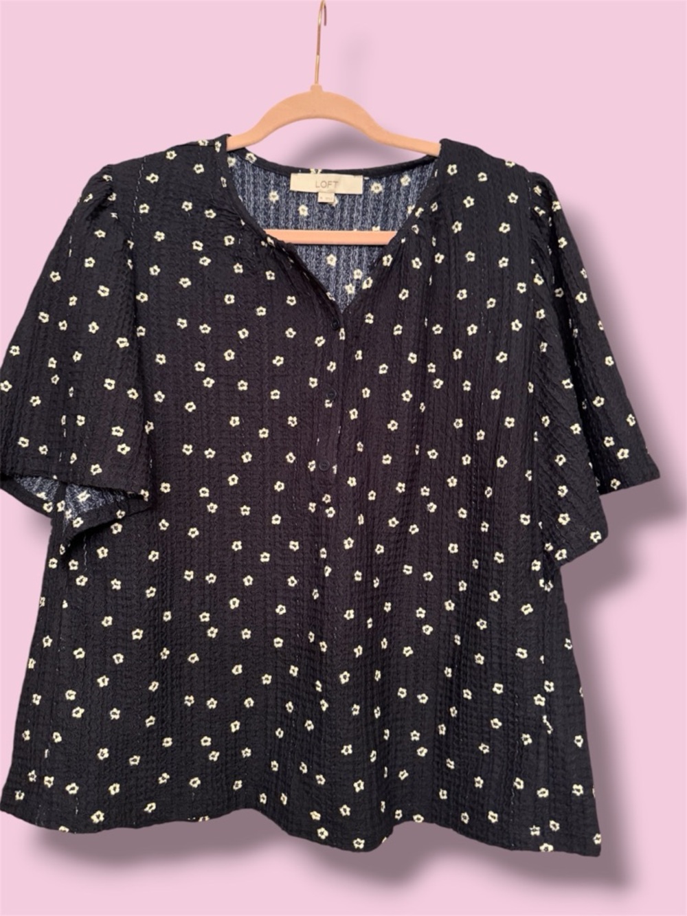 LOFT Black Short-Sleeve Floral Peasant Blouse